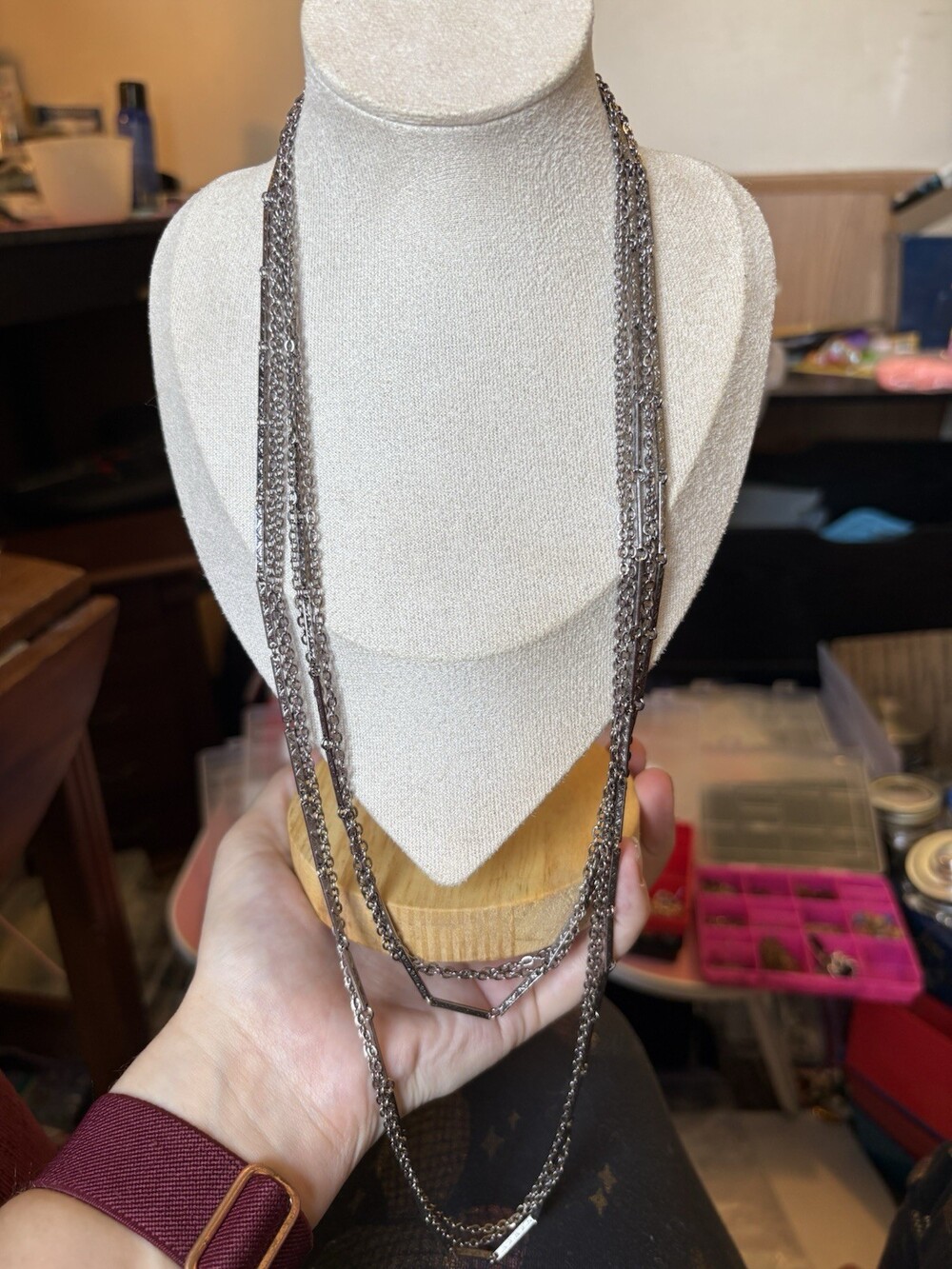 Silver Tone Multi Strand Long Chain Necklace Geometric Bar Chevron Layered